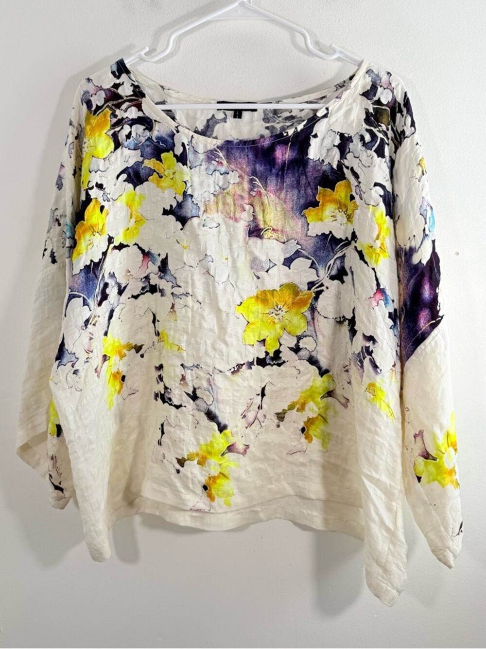 Dressori Purple Yellow Watercolor Floral Silk Blend Blouse Large